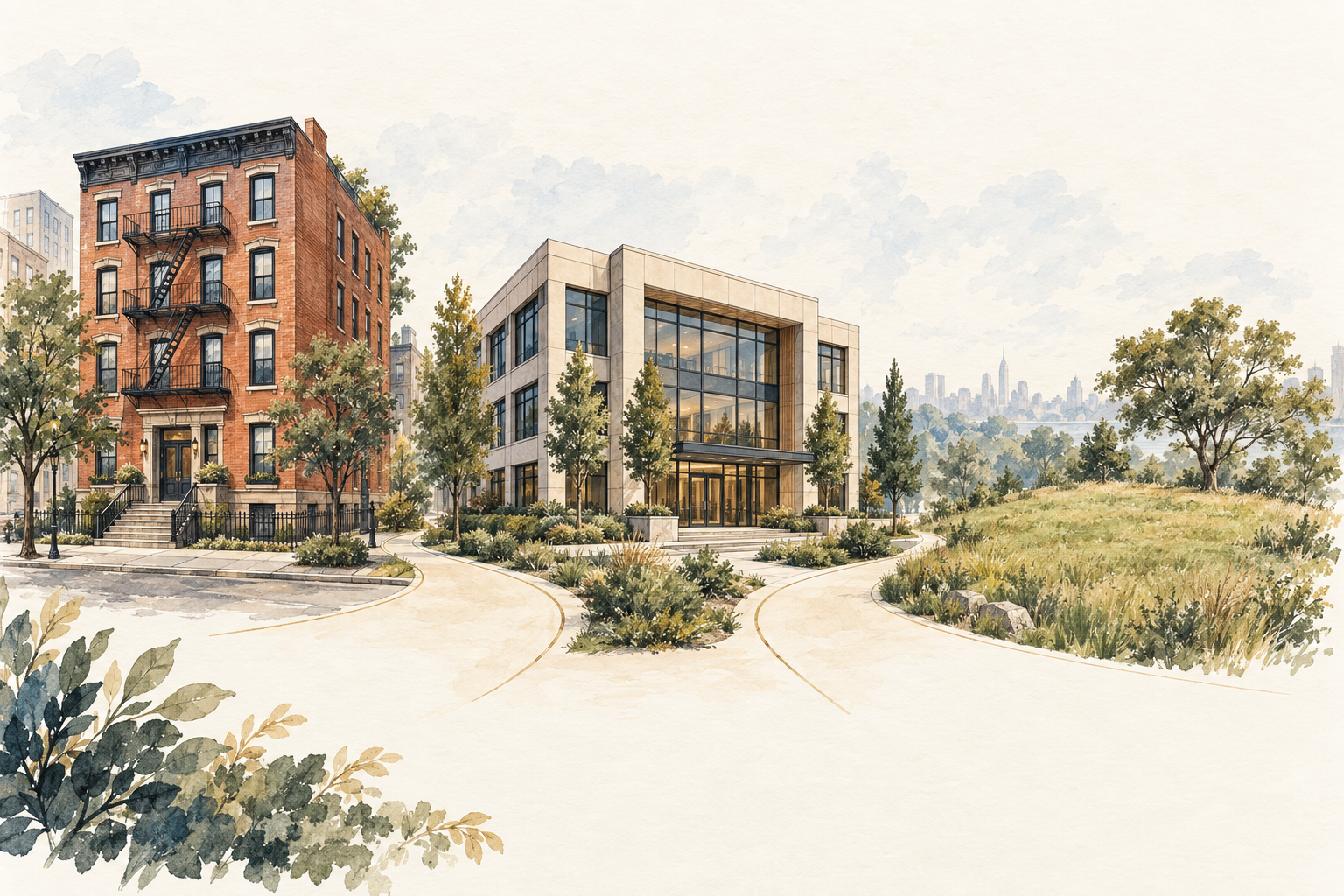 Illustration of a rental apartment building, a commercial building and undeveloped land as potential like-kind property types.